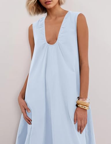Image of Women Flowy Maxi Dress Ruched Sleeveless Long Dress Vacation Fashion Summer Casual Loose Fit Sundress with Pockets