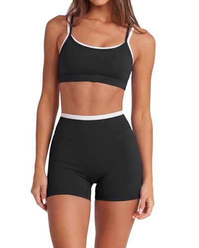 SUUKSESS Women 2 Pieces Workout Sets Padded Spaghetti Straps Tank Tops High Waist Biker Shorts Gym...