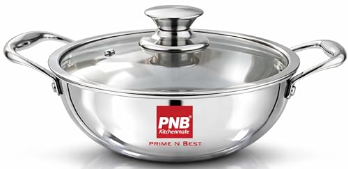 Image of PNB Kitchenmate Triply Stainless Steel kadai - 4 Liter | Heavy triply Stainless Steel kadai with Glass lid | Induction Base cookware for Indian Cooking | Durable Kitchen cookware | 5 Year Warranty