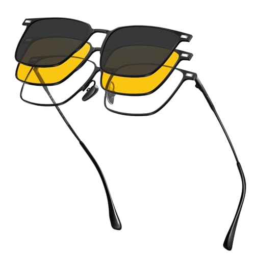 Dollger Magnetic Clip On Polarized Sunglasses for Eyeglasses Men Retro Square Metal Frame Driving Glasses 2 Packs