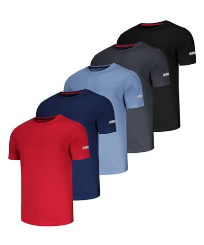 5 Pack Running Shirts Men Sport Tops Dry Fit Gym Shirt Athletic T Shirts Breathable Workout Shirts Work Shirt Mens Running Top Quick Dry Hiking T Shirts-Black/Grey/Navy/Haze/Red-XXL