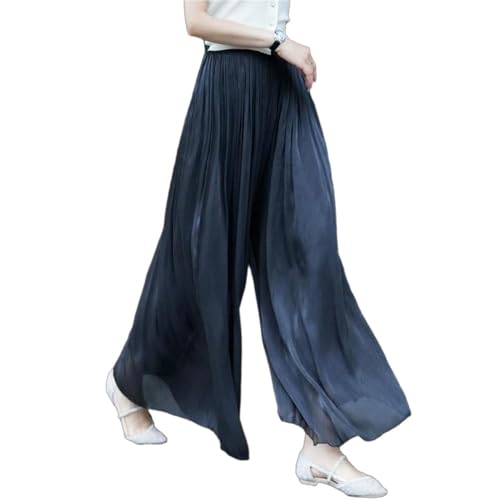 Silk Floor-Length Wide-Leg Culottes, Women's Summer Plus Size High Elastic Waist Pleated Chiffon Pants Skirts