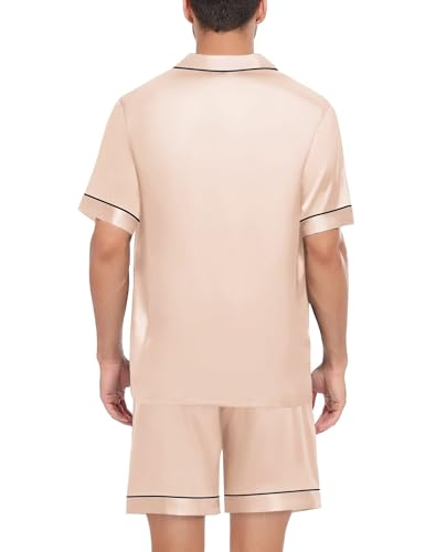 Image of SWOMOG Satin Matching Pajamas Sets Couple Silk Button Down Nightwear Men & Women Short Sleeve Sleepwear 2 Pieces Loungewear Champagne