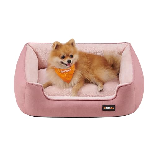 Feandrea Cuccia per Cani, Lettino per Animali in Simil Lino, Bordi Rialzati, Fondo Antiscivolo, Copertura Sfoderabile per Lavaggio, M per Cane Piccolo, 70 x 55 x 21 cm, Rosa Gelatina PGW010R01