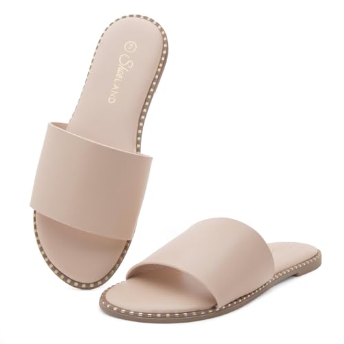Image of Shoe Land Flat Sandals for Women - Slip-On Slides with Cushioned Footbed | Comfortable Dressy & Casual Open Toe Summer Sandals for Beach, Travel & Everyday Wear