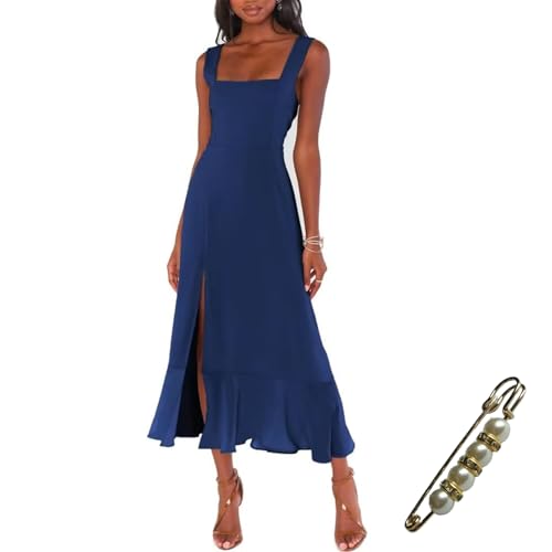 Image of Square Neck Adjustable Strap Midi Dress, Belted A-Line Dress | Lightweight square-neck midi with adjustable straps, belted waist and A-line skirt for work, parties or weekends.