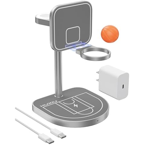 3-Point Power 3 in 1 Charging Station for Apple, KU XIU X85 Aluminum Alloy Magnetic Wireless Charger Stand with Mini Basketball & Hoop for iPhone 16/15/14/13/12, 5W for Apple Watch, AirPods, Gray Cover