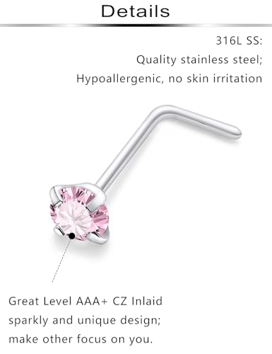 Ftovosyo Hypoallergenic Nose Rings Studs 18G & 20G Surgical Steel Nose Studs L Shaped Nostril Piercing Jewelry with Pink Cubic Zirconia for Women & Men3