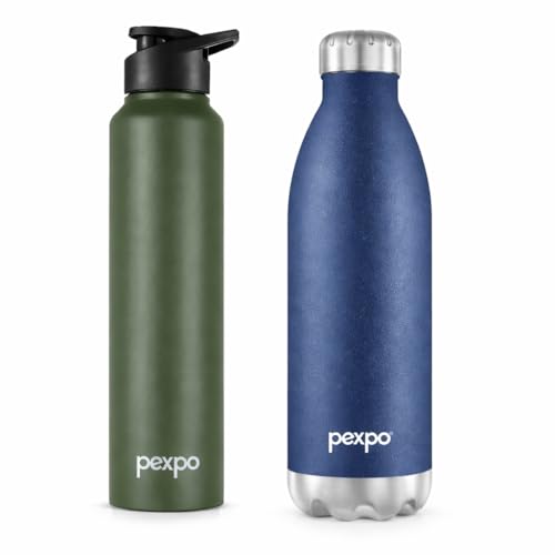Image of PEXPO Electro 1750ml - Denim Blue and Chromo 950ml - Military Green Stainless Steel Water Bottle ISI Certified | for Home, Office, Gym, Travelling