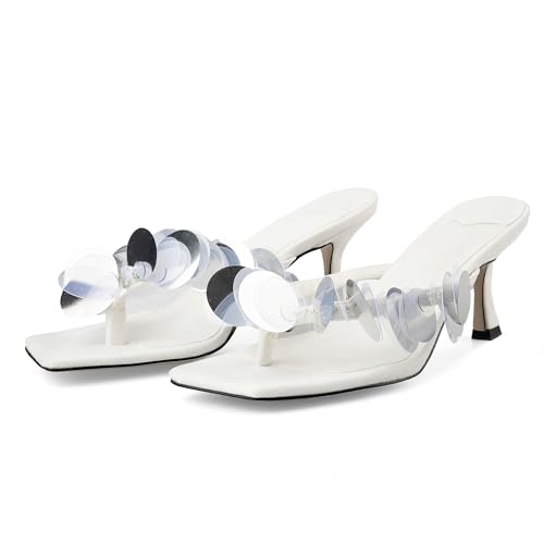 Image of Goolita Women's Suede Sequin Kitten Heels Flip Flops Open Square Toe Strappy Thong Slide Heeled Sandals Comfort Prom Party Mules Heels