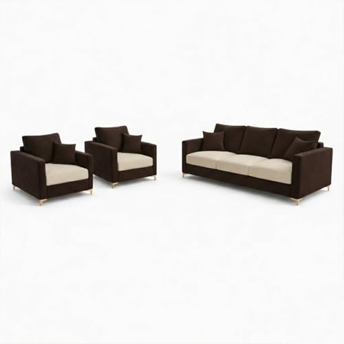 Image of Hayes Dual Tone Rich Velvet Suede 3+1+1 Seater Sofa Set | Golden Aesthetic Legs | Soft Touch Comfort Seating | 5 Person Seating | Modern Living Room Set (Dark Brown & Cream)