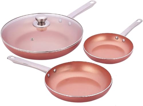 Hzone Sartenes Juego de 3 Piezas 20/24/28 cm con Tapas, Color Cobre Apta para Inducción, Vitrocerámica,Gas.