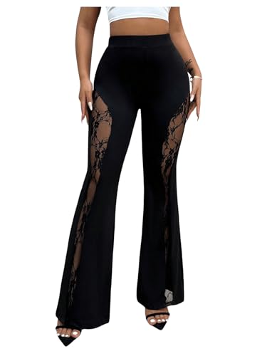 Women's Floral Lace Flare Pants See Through High Waisted Bell Bottoms Trousers Streetwear