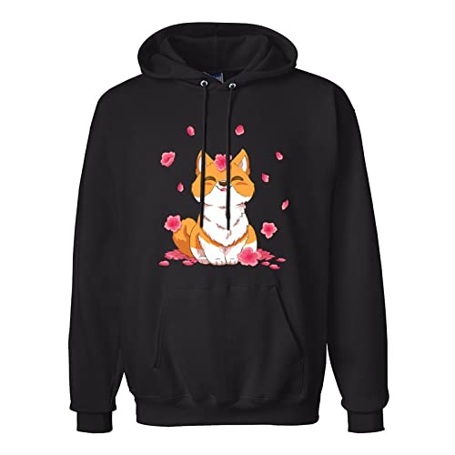 YUANROU Shiba Inu Dog Cherry Blossom Funny Hoodies Long Sleeve Pullover Loose Hoody Mens Sweatershirt Black XL