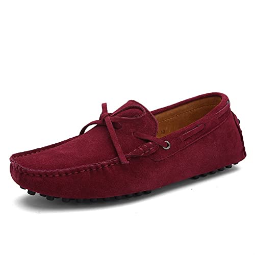 Loafers for Men Boat Shoes Genuine Leather Stitching Details Round Toe Suede Vamp Lightweight Anti-Slip Flexible Classic Casual Slip-ons(Wine Red,10 M US)