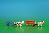 2 Miniatur Gespanne Leiterwagen in rot mit Pferde , Ladung: leer und Kastenwagen in blau mit Ochsen , Ladung: Kohlen Länge ca 9cm NEU Pferdegespann Holzfuhrwerk Erzgebirge Seiffen Erzgebirge