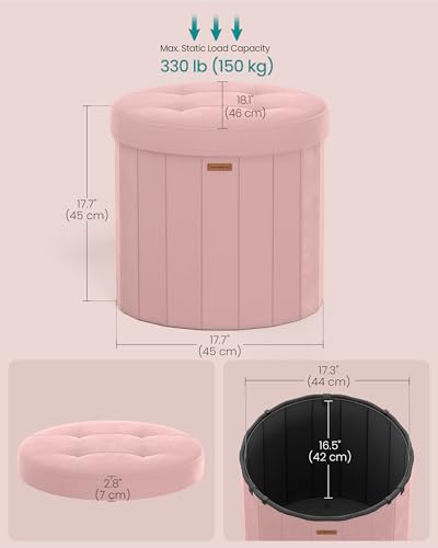 Image of SONGMICS Mazie Collection - Round Storage Ottoman, Folding Footrest Stool with Removable Lid, Easy Assembly, Velvet Vanity Stool for Bedroom, Living Room, Entryway, Jelly Pink ULSF608R01