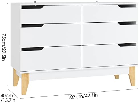 FirFurd Chest of Drawers Sideboard Storage Cabinet Bedroom 6 Drawers Cabinet with Legs White Wooden Furniture 107x40x75cm