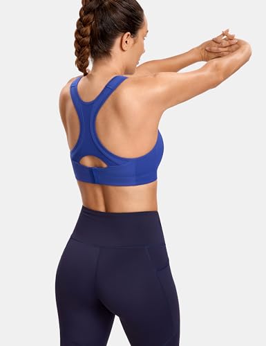 Image of SYROKAN Women's Sports Bra Front Adjustable High Impact Support Padded Wireless Racerback Plus Size Running Bra Waves Blue 34E