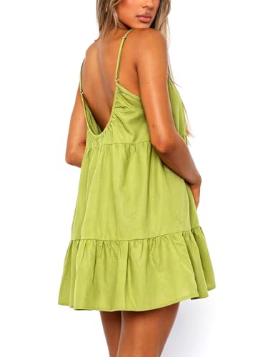 Image of OZICERD Flowy Short Sundress Mini Babydoll Dresses for Women Going Out Tiered Ruffle Beach Spaghetti Strap Swing Dress Cute