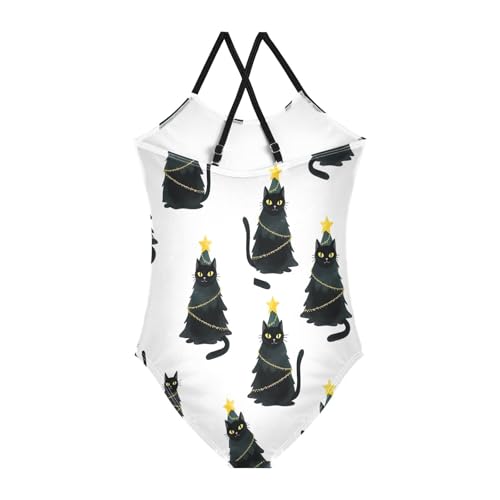 Black Cats Christmas Trees Girls One Piece Swimsuit, Beach Swim Suits Kids 3-10 Y with Adjustable Shoulder Strap, 3-10 Y2