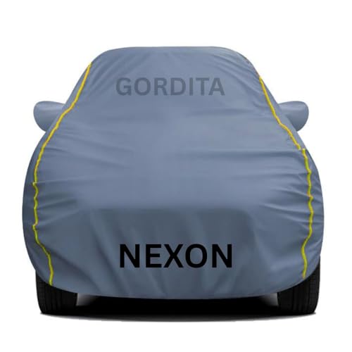 Image of Waterproof Car Body Cover for Nexon All Weather Protection Comes with Inner Cotton Lining & Triple Stitched with Mirror & Antenna Pocket Belt & Elastic Fit Grey with Yellow Piping2