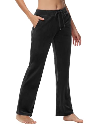 ROYAL MATRIX Womens Velour Pants, Straight Leg High Waist Soft Velvet Sweatpants Lounge Pajama Pants with Pockets (Black, M)