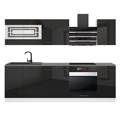 Belini Margaret Cuisine Équipée - 240 cm. Avec Plan de Travail, Noir Très Brillant