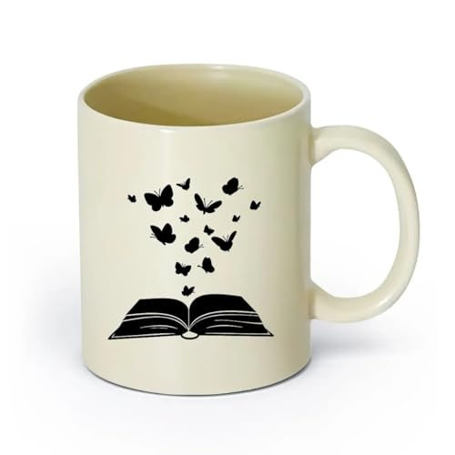 AYUEHBN ceramica Tazze per caffè, latte e tè Farfalla Libro Aperto Lettura Stile Romantico （11oz/320ml） per espresso, set da tè Giallo chiaro