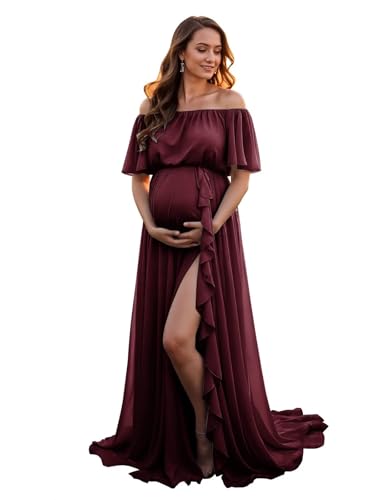 Off Shoulder Maternity Dress for Photoshoot Ruffle Slit Baby Shower Dresses Chiffon Photography Gowns