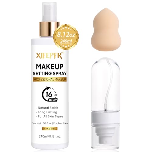 Xifepfr Makeup Setting Spray Kit - 8.12 Fl Oz Matte Finishing Spray Long Lasting Setting Mist, Hydrating Oil Control Lightweight Face Makeup Fixer Spray with Travel Spray Bottle & Sponge Puff