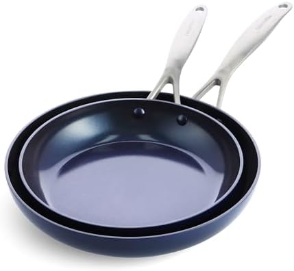 GreenPan Performance Pro Ceramic Nonstick 10" and 12" Frypan Set, Non-Toxic PFAS-Free, Dishwasher & Oven Safe, Wobble-Free, Blue - Thumbnail 2