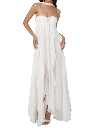 Image of Women Y2k Backless Long Dress Halter Tie Neck Maxi Dress Flowy Beach Sundress Summer Streetwear