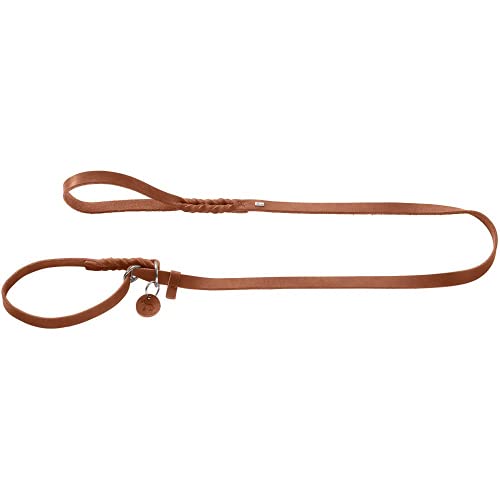 HUNTER Retriever-Leine SOLID Education, Farbe: Cognac, Handgeflochtene Leine mit integrierter Halsung, Spezialschieber und Zugstopp aus robustem Rindsleder, Größe 18/170