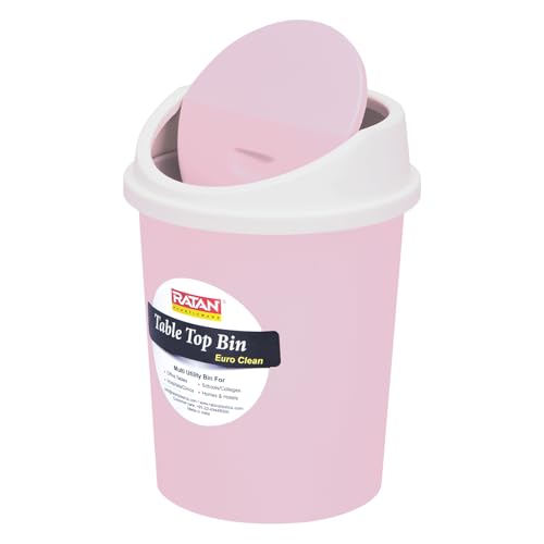 Image of RATAN PLASTICWARE Euro Clean Table Top Medium Dustbin with Swing Lid for Study Table, Desk, Kitchen Sink, Car, Kids Room | Compact and Stylish Waste Storage Garbage Bin - 2 Litre, Pink