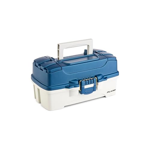 Image of Plano One-Tray Tackle Box, Blue /White, Rust-Proof Brass Latch, Top-Access Tray with Deep Storage, Made in the USA, Portable Fishing Gear Storage Organizer