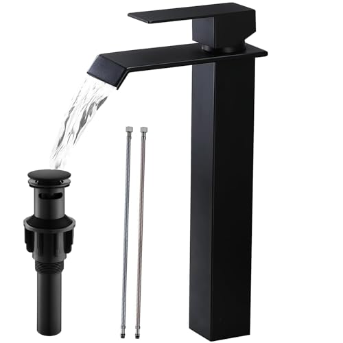 VESLA HOME Vessel Sink Faucet, Black, Single Handle Tall Bathroom Faucets for Sink 1 Hole, Stainless Steel Waterfall Sink Faucet for Wash Basin with Drain