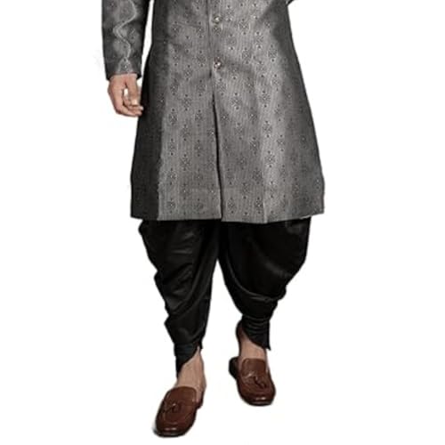 Amzira Men's Heavy Jecquard Sherwani Set with Mandarin Collar Long Sleeves Button Closure Kurta and Chudari Dhoti
