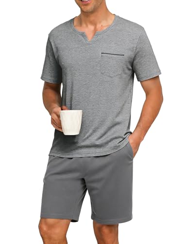 Terecey Herren Schlafanzug Set Sommer Kurzarm V-Ausschnitt T-Shirt und Pyjamahose mit Elastischer Bund Bequeme Pyjama Set Männer Kurz Hellgrau S
