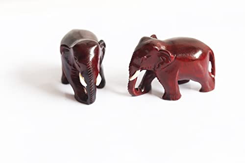 Image of Original Red Sandalwood Elephant Pair Idols Statue Lal Chandan Wooden Down Trunk Murti Figurine for Home Decor - 1 Inches
