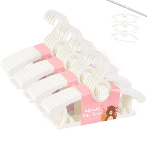 Image of HGYZE Baby Hangers for Closet 20pcs, White Kids Clothes Hanger Plastic, 11-14" Adjustable Bulk Perchas for Newborn, Non-Slip Children Outfit Bear Hanger for Girl Boy Toddler Infant Nursery Clothing