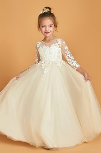 Lace Tulle Flower Girl Long Dress for Wedding O-Neck Princess Dresses Long Sleeve Pageant Party Gown4