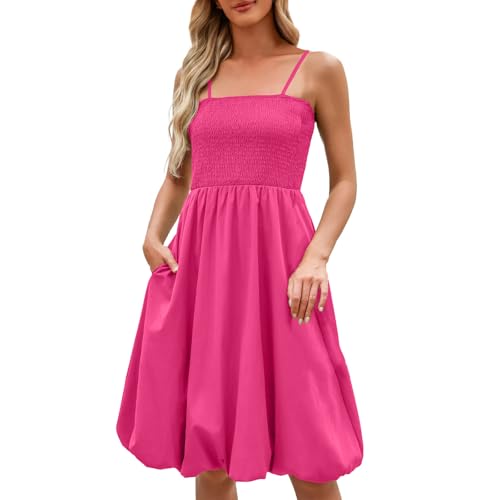Vestido de verano para mujer, hasta la rodilla, con bolsillos, línea A, vestido de ocio, verano, tirantes delgados, vestido de playa, monocolor, sin mangas, plisado, P-ink, L