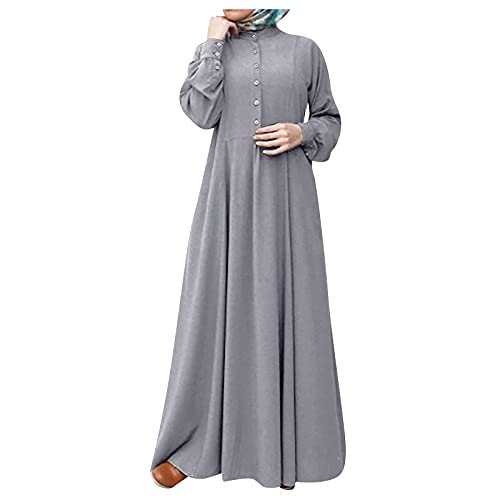 NIUQI Women's Kaftan Abayas Muslim Dress Long Sleeve Islamic Robe Button Up Maxi Dress Gray