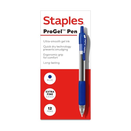 Image of STAPLES ProGel Retractable Gel Pen, Extra Fine Point, 0.5mm, Blue Ink, Dozen