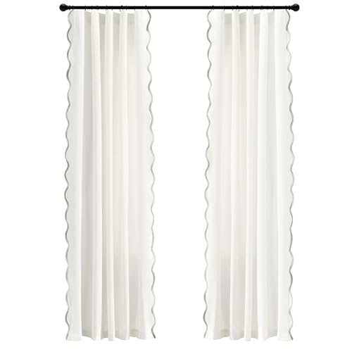 Image of Lush Decor Coastal Chic Scalloped Edge Light Filtering Window Curtain Panels Pair, 52 inch W x 84 inch L, Gray & White - White Curtains for Living Room - Coastal Decor