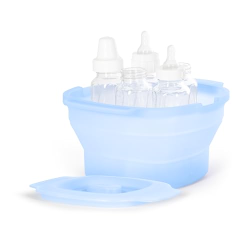 Ubbi 3-in-1 Collapsible Microwave Wash Bin, Baby Bottle Sterilizer & Veggie Steamer, Reusable Silicone Steam Bag for Travel or Home Use, Fits Up to 5 Baby Bottles, Dishwasher Safe, Blue