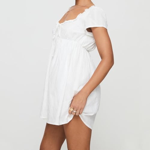Image of Women Y2k Puff Sleeve Babydoll Dresses Square Neck Tie Back Mini Dress Summer Solid Off Shoulder Flowy Sundress