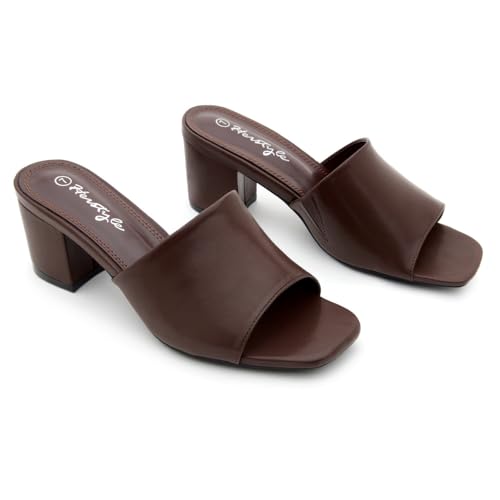 Image of Herstyle Square Open Toe Heeled Sandals for Women 2.5 Inch Low Block Chunky Heel Sandals Slip-On Mules Comfortable Dress Shoes for Party Wedding Office