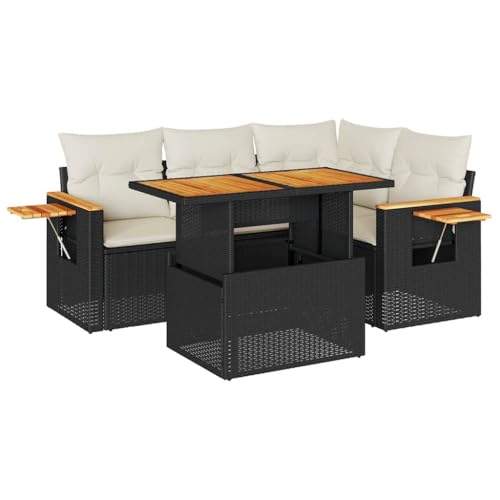 vidaXL Salon de Jardin 4 pcs avec Coussins Noir résine tressée Acacia, Ensemble de canapés d'extérieur, Ensemble de canapé d'angle de Jardin, Meuble d'angle de...